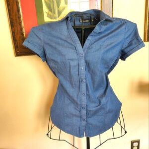 Vintage Y2K blue denim look button up short sleeve blouse